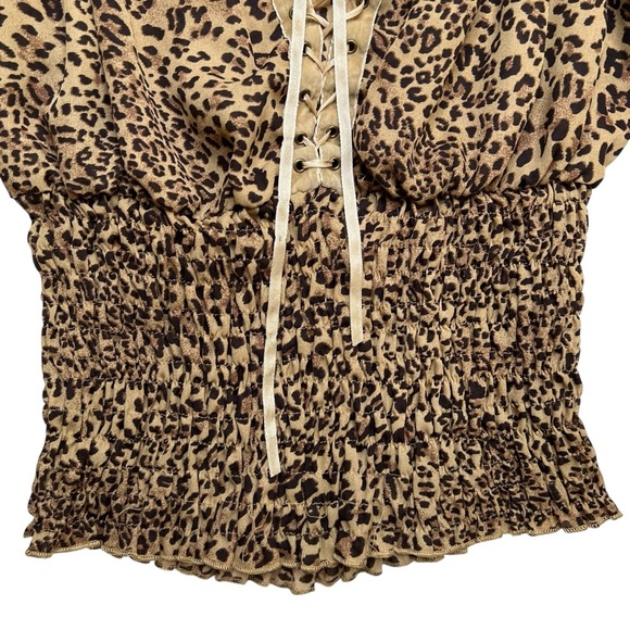 Piano Vintage Y2K Cheetah Print Mobwife Renaissance Smocked Bell Sleeve Top SZ M - Picture 6 of 12